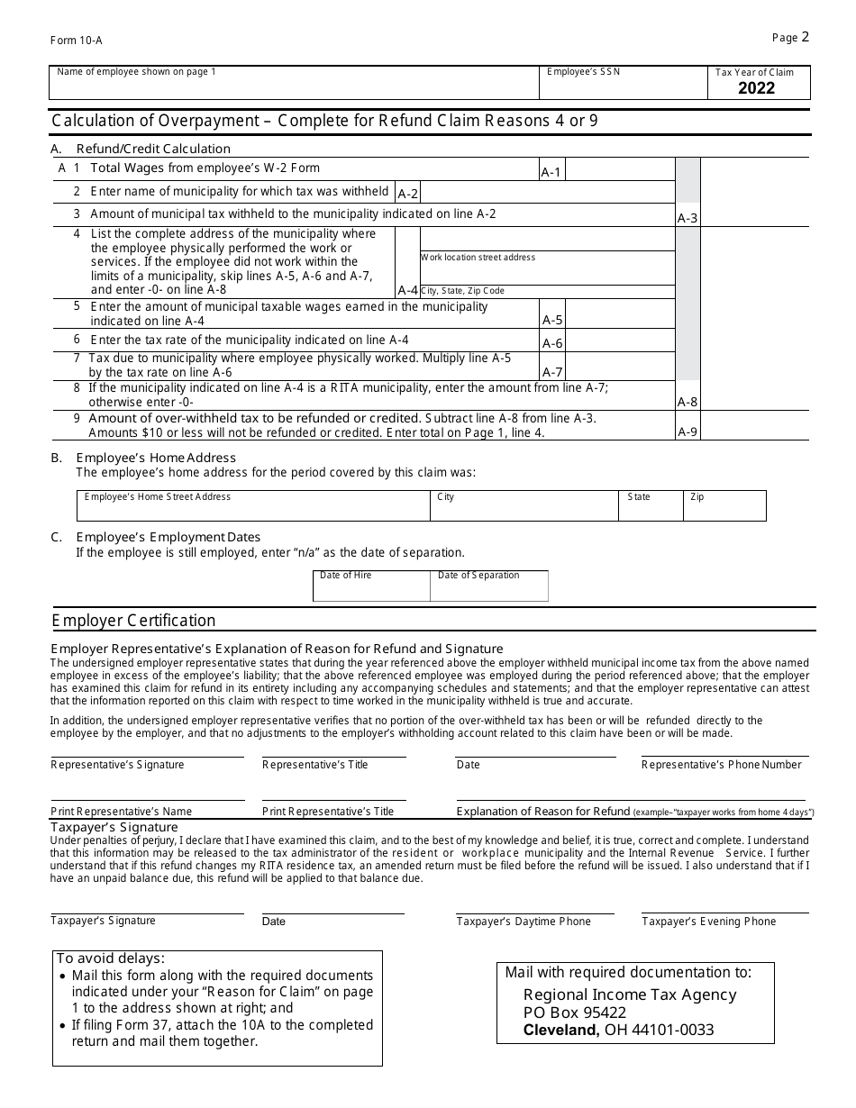 Form 10A Application for Municipal Income Tax Refund - Ohio, Page 2
