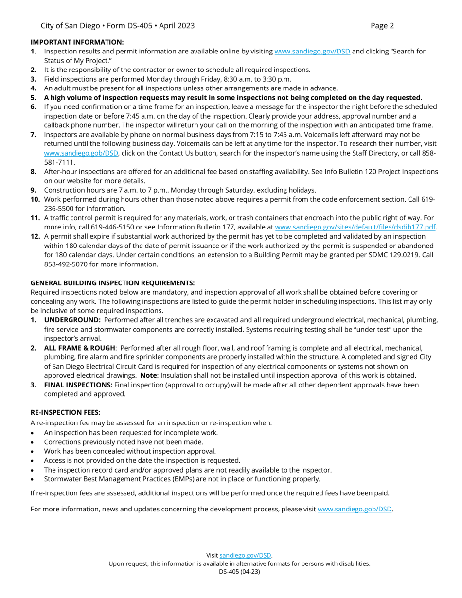 Form DS-405 Inspection Record - Simple Permits - City of San Diego, California, Page 2