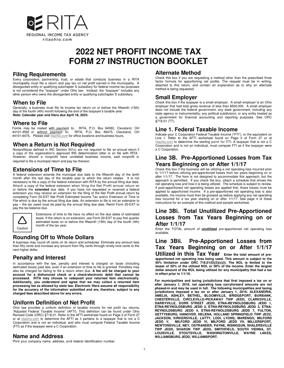 Instructions for Form 27 Rita Net Profit Tax Return - Ohio, Page 1
