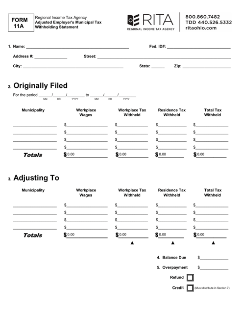 Form 11A Adjusted Employer's Municipal Tax Withholding Statement - Ohio