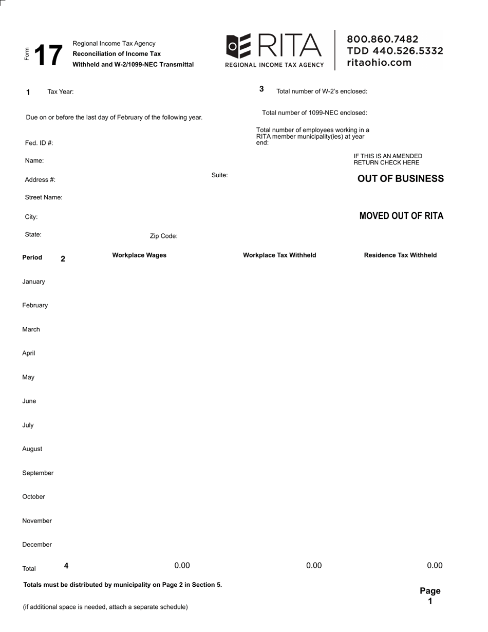 Form 17 Reconciliation of Income Tax Withheld and W-2 / 1099-misc Transmittal - Ohio, Page 1