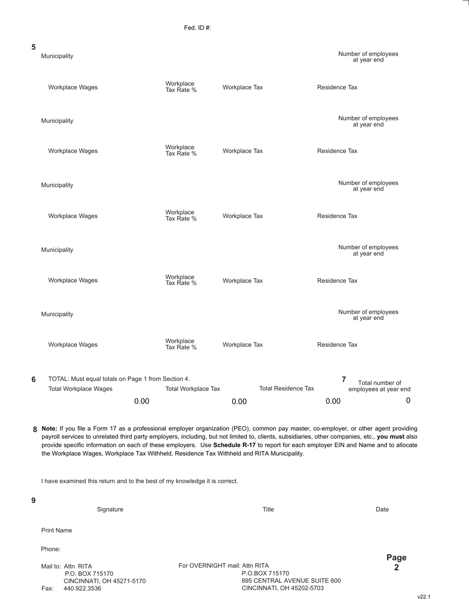 Form 17 Reconciliation of Income Tax Withheld and W-2 / 1099-misc Transmittal - Ohio, Page 2