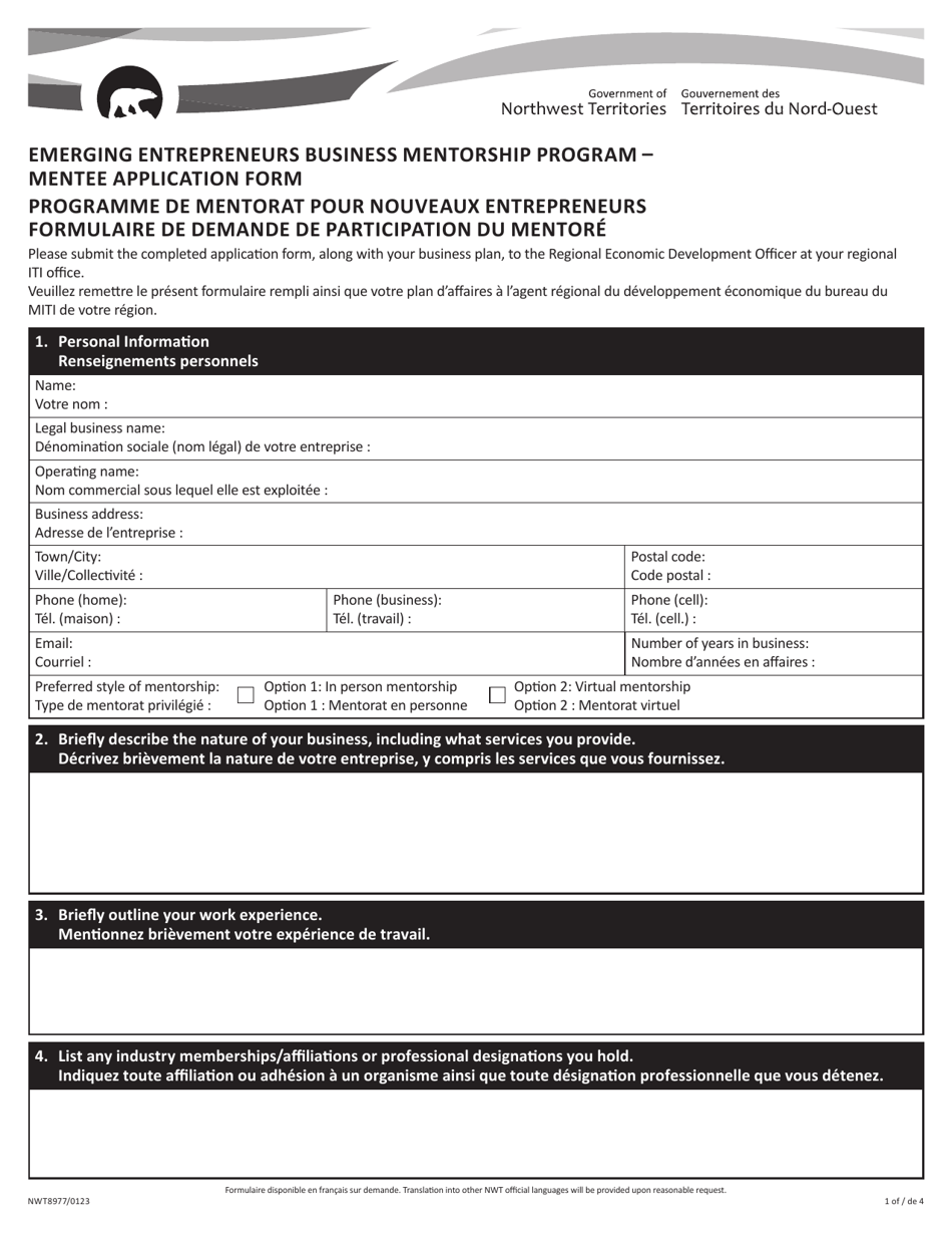 Form NWT8977 Emerging Entrepreneurs Business Mentorship Program - Mentee Application Form - Northwest Territories, Canada (English / French), Page 1