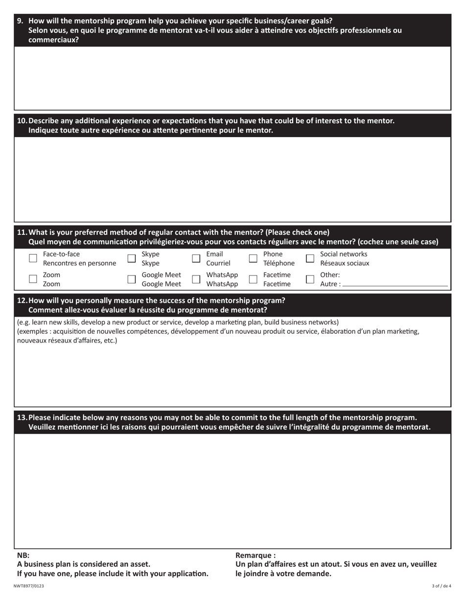 Form NWT8977 Emerging Entrepreneurs Business Mentorship Program - Mentee Application Form - Northwest Territories, Canada (English / French), Page 3