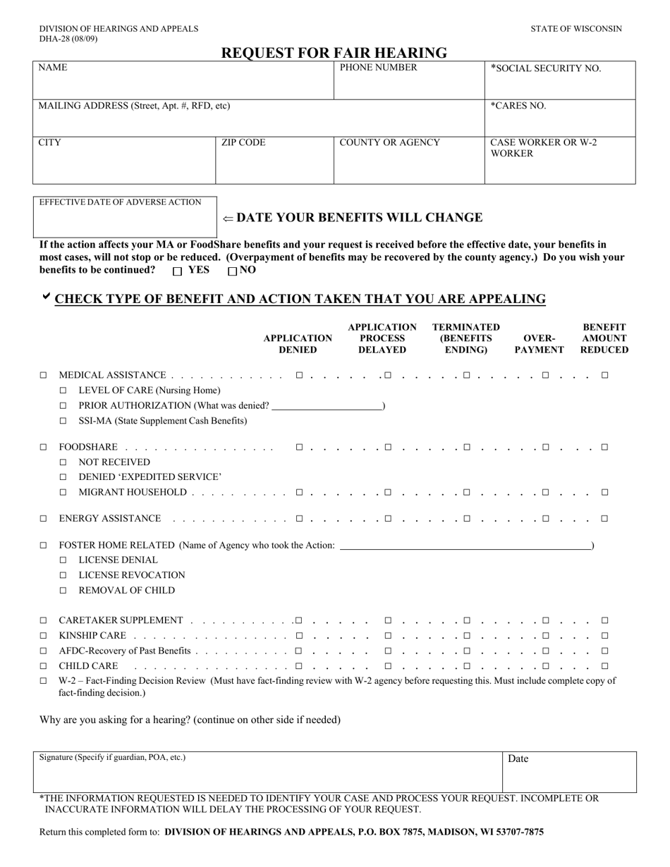 Form DHA-28 Request for Fair Hearing - Wisconsin (English / Russian), Page 1