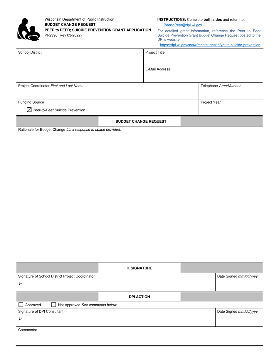 Form PI-2396 Budget Change Request Peer to Peer; Suicide Prevention Grant Application - Wisconsin, Page 1