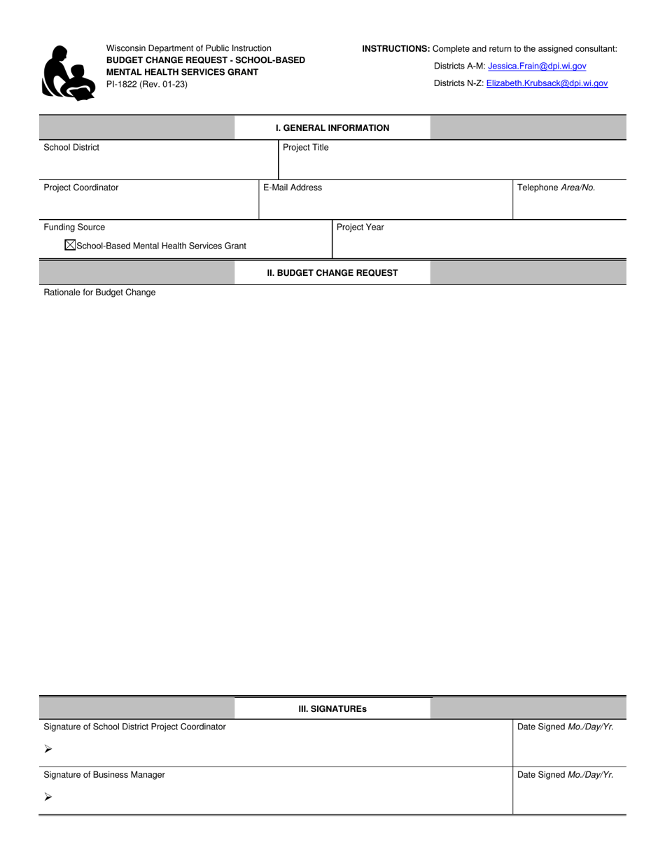 Form PI-1822 Budget Change Request - School-Based Mental Health Services Grant - Wisconsin, Page 1