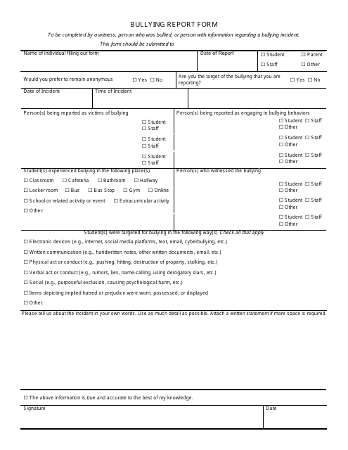 Bullying Report Form - Wisconsin Download Pdf