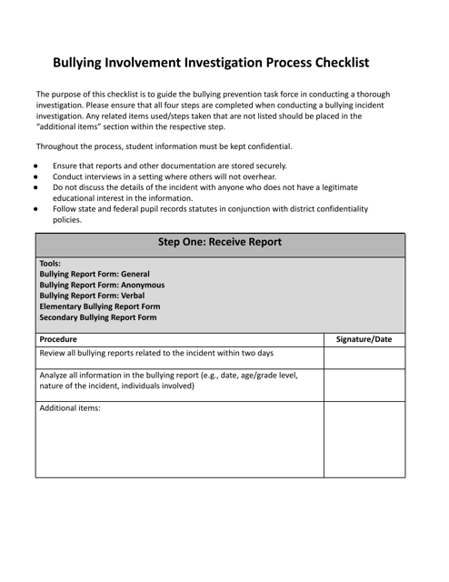 Bullying Involvement Investigation Process Checklist - Wisconsin Download Pdf