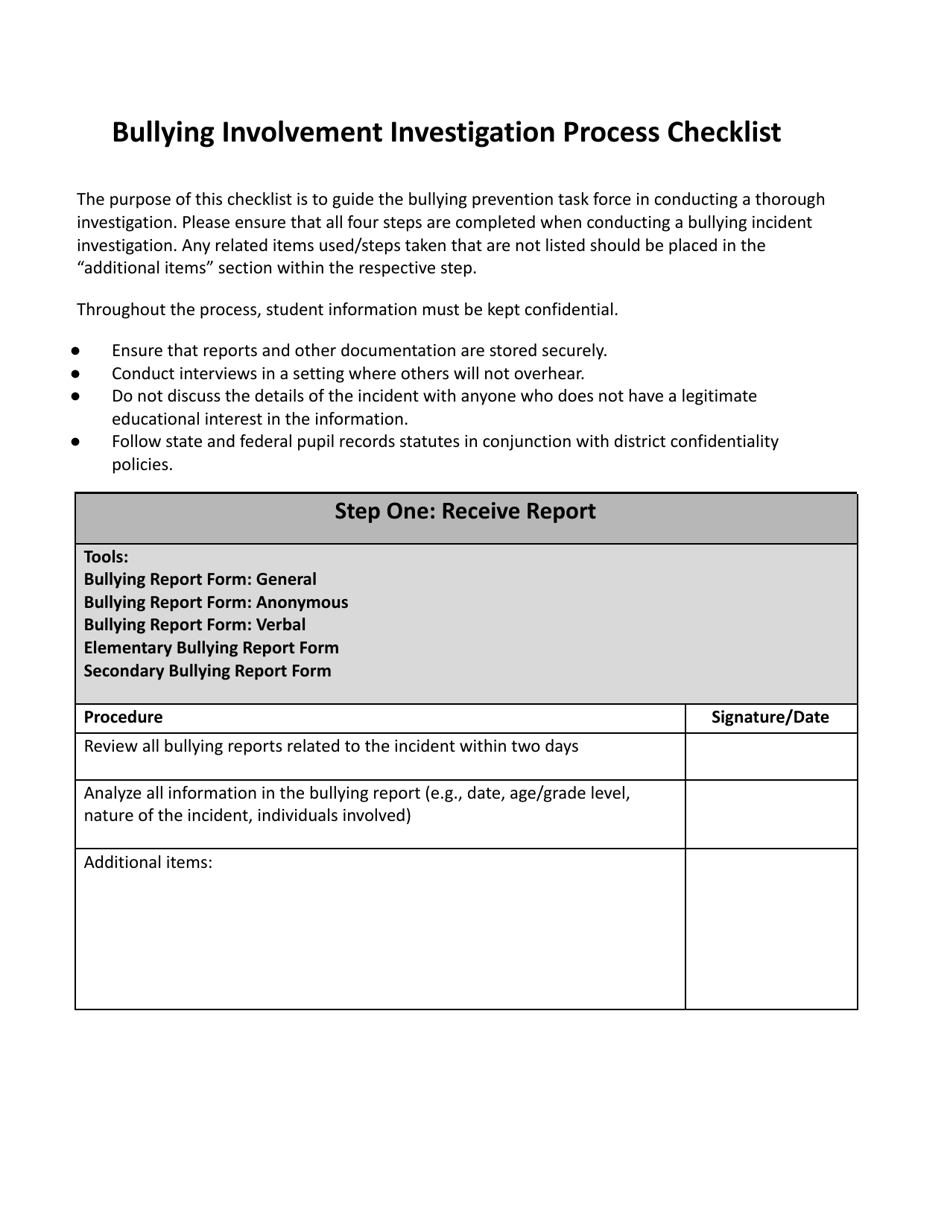 Bullying Involvement Investigation Process Checklist - Wisconsin, Page 1