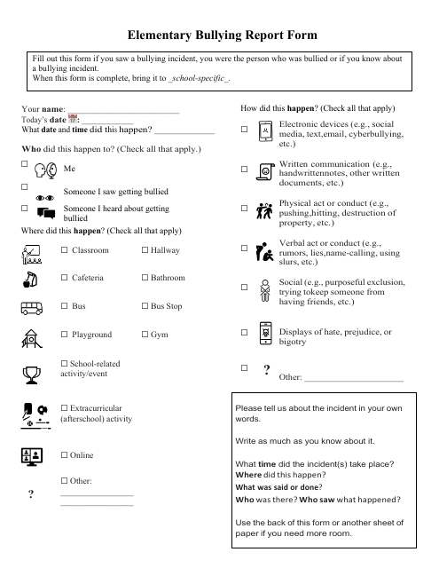 Elementary Bullying Report Form - Wisconsin Download Pdf