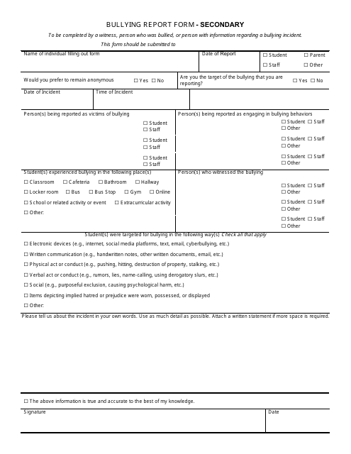 Bullying Report Form - Secondary - Wisconsin Download Pdf