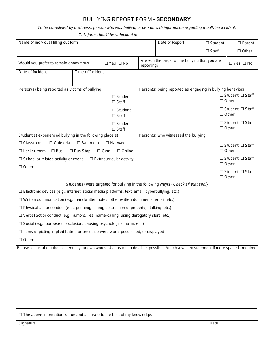 Bullying Report Form - Secondary - Wisconsin, Page 1