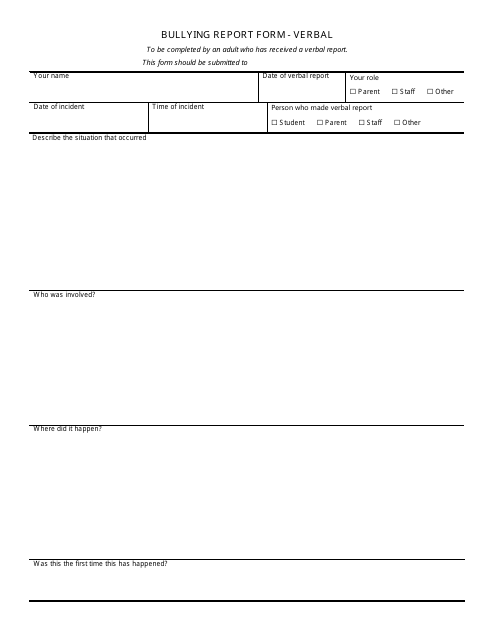 Bullying Report Form - Verbal - Wisconsin Download Pdf
