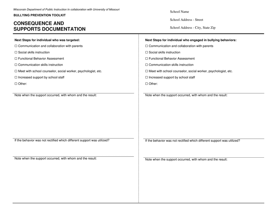 Bullying Prevention Toolkit Consequence and Supports Documentation - Wisconsin, Page 1
