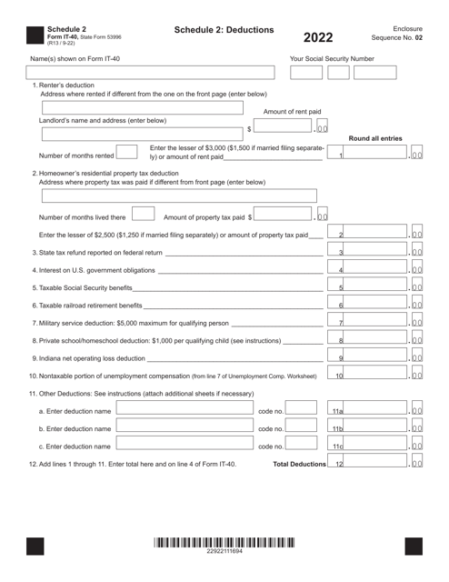 Form IT-40 (State Form 53996) Schedule 2 2022 Printable Pdf