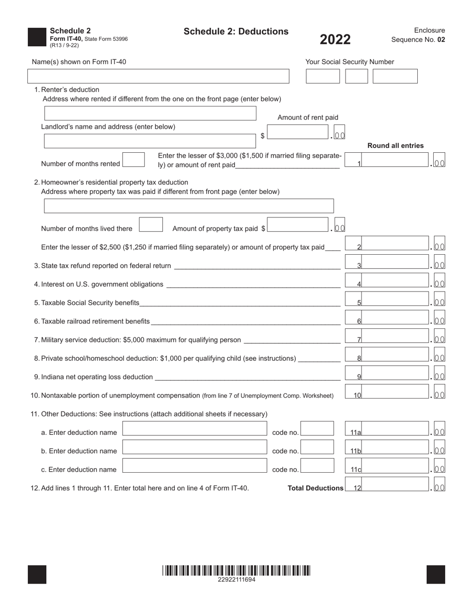 Form IT-40 (State Form 53996) Schedule 2 Deductions - Indiana, Page 1