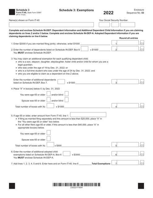 Form IT-40 (State Form 53997) Schedule 3 2022 Printable Pdf