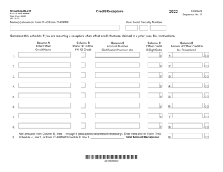 Form IT-40 (IT-40PNR; State Form 56680) Schedule IN-CR Credit Recapture - Indiana