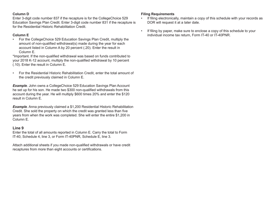 Form IT-40 (IT-40PNR; State Form 56680) Schedule IN-CR Credit Recapture - Indiana, Page 3