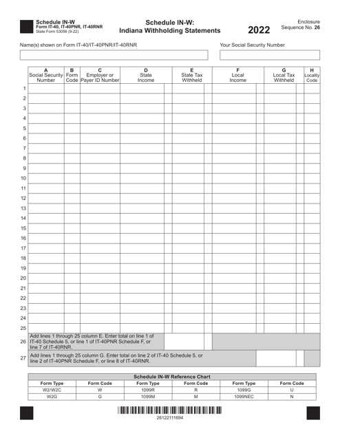 Form IT-40 (IT-40PNR; IT-40RNR; State Form 53056) Schedule IN-W 2022 Printable Pdf
