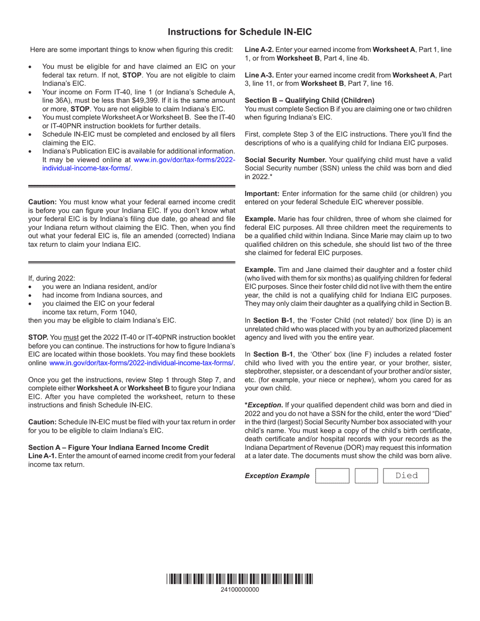 Form IT40 (IT40PNR; State Form 49469) Schedule INEIC 2022 Fill Out, Sign Online and