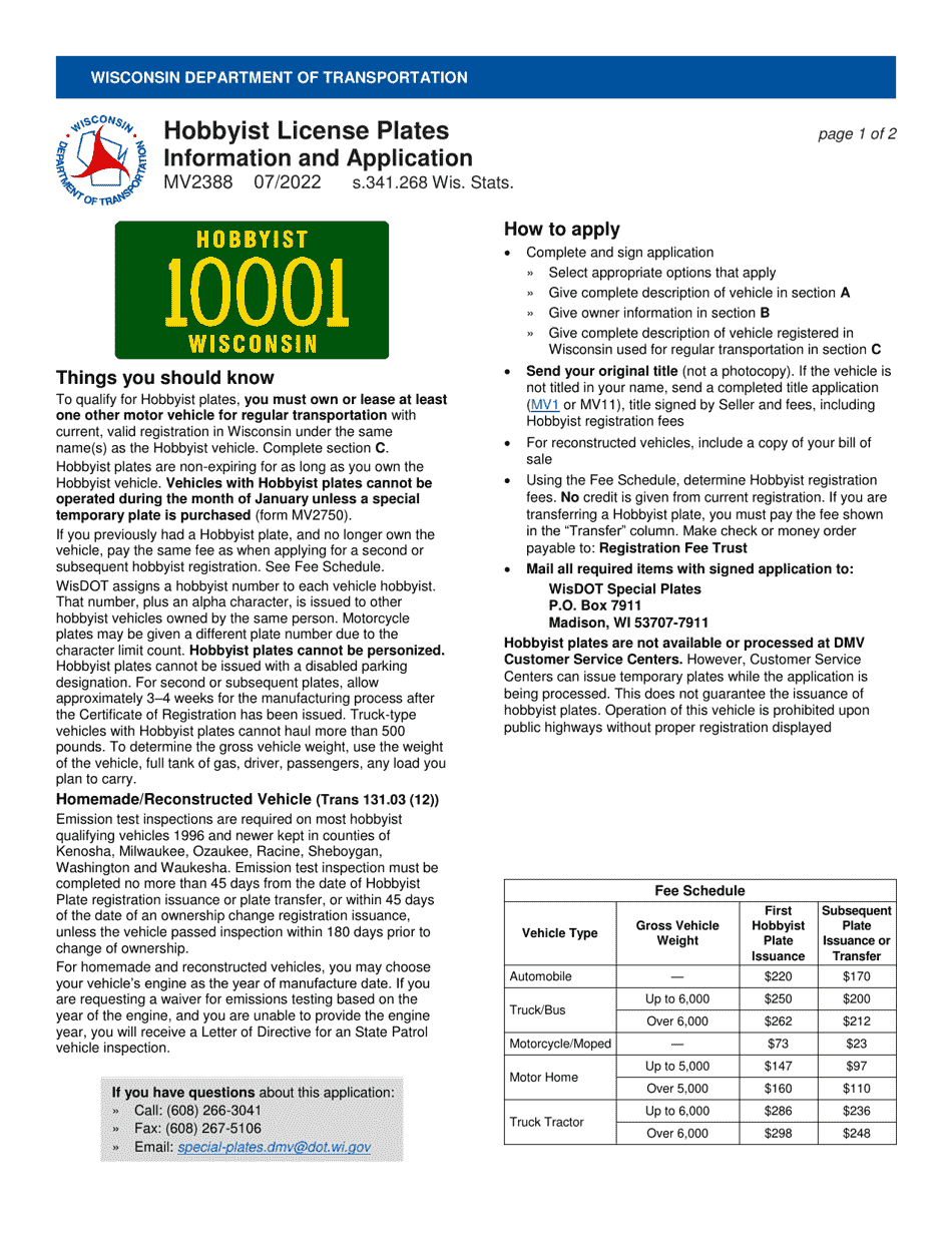 Form MV2388 Hobbyist License Plates Application - Wisconsin, Page 1