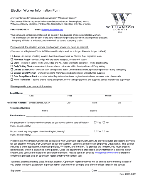 Election Worker Information Form - Williamson County, Texas Download Pdf