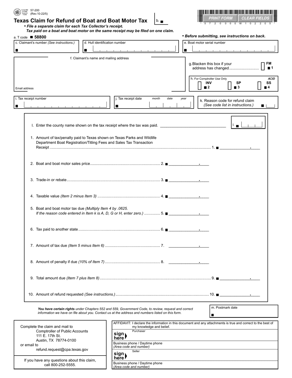 Form 57-200 Download Fillable PDF or Fill Online Texas Claim for Refund .
