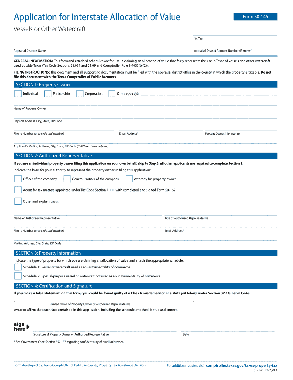 Form 50-146 Application for Interstate Allocation of Value for Vessels or Other Watercraft - Texas, Page 1