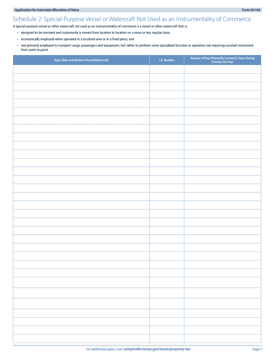 Form 50-146 Application for Interstate Allocation of Value for Vessels or Other Watercraft - Texas, Page 3