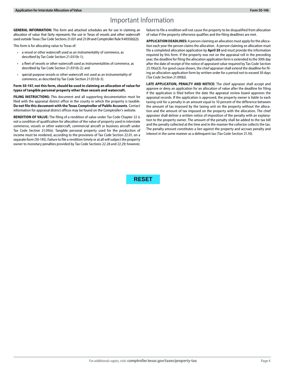 Form 50-146 Application for Interstate Allocation of Value for Vessels or Other Watercraft - Texas, Page 4
