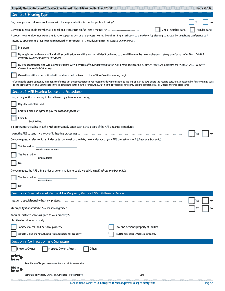 Form 50-132 Property Owners Notice of Protest for Counties With Populations Greater Than 120,000 - Texas, Page 2