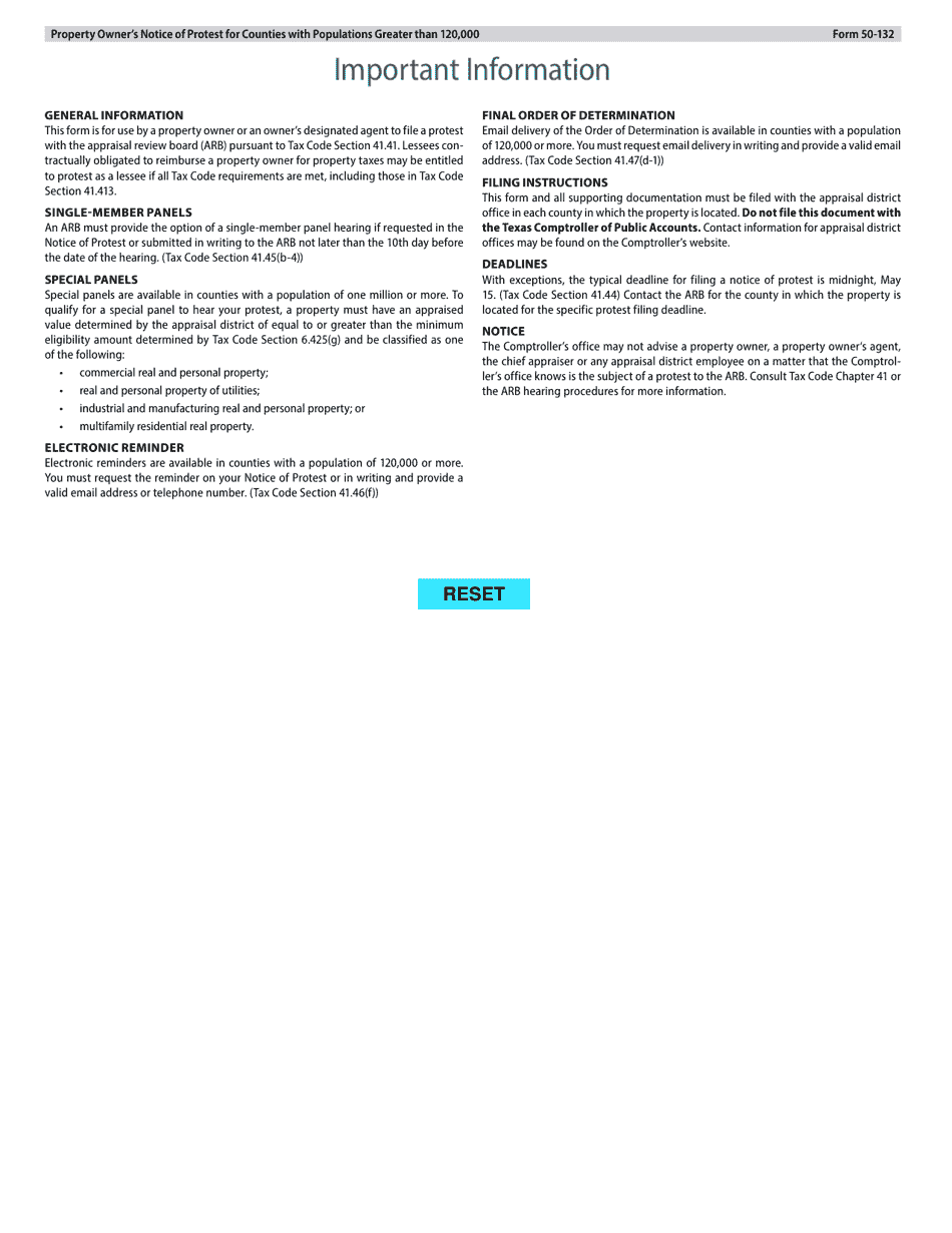Form 50-132 Property Owners Notice of Protest for Counties With Populations Greater Than 120,000 - Texas, Page 3