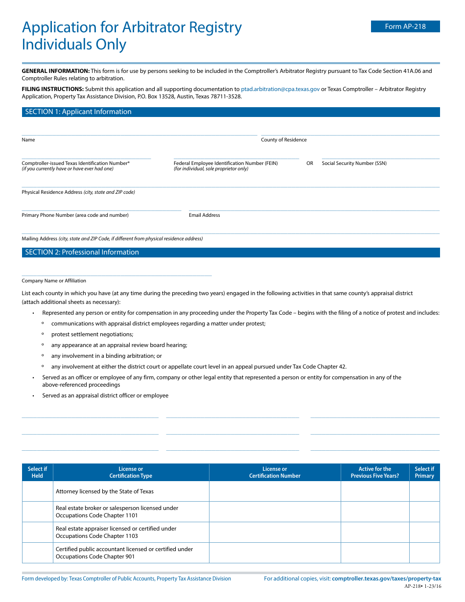 Form AP-218 Application for Arbitrator Registry - Individuals Only - Texas, Page 1