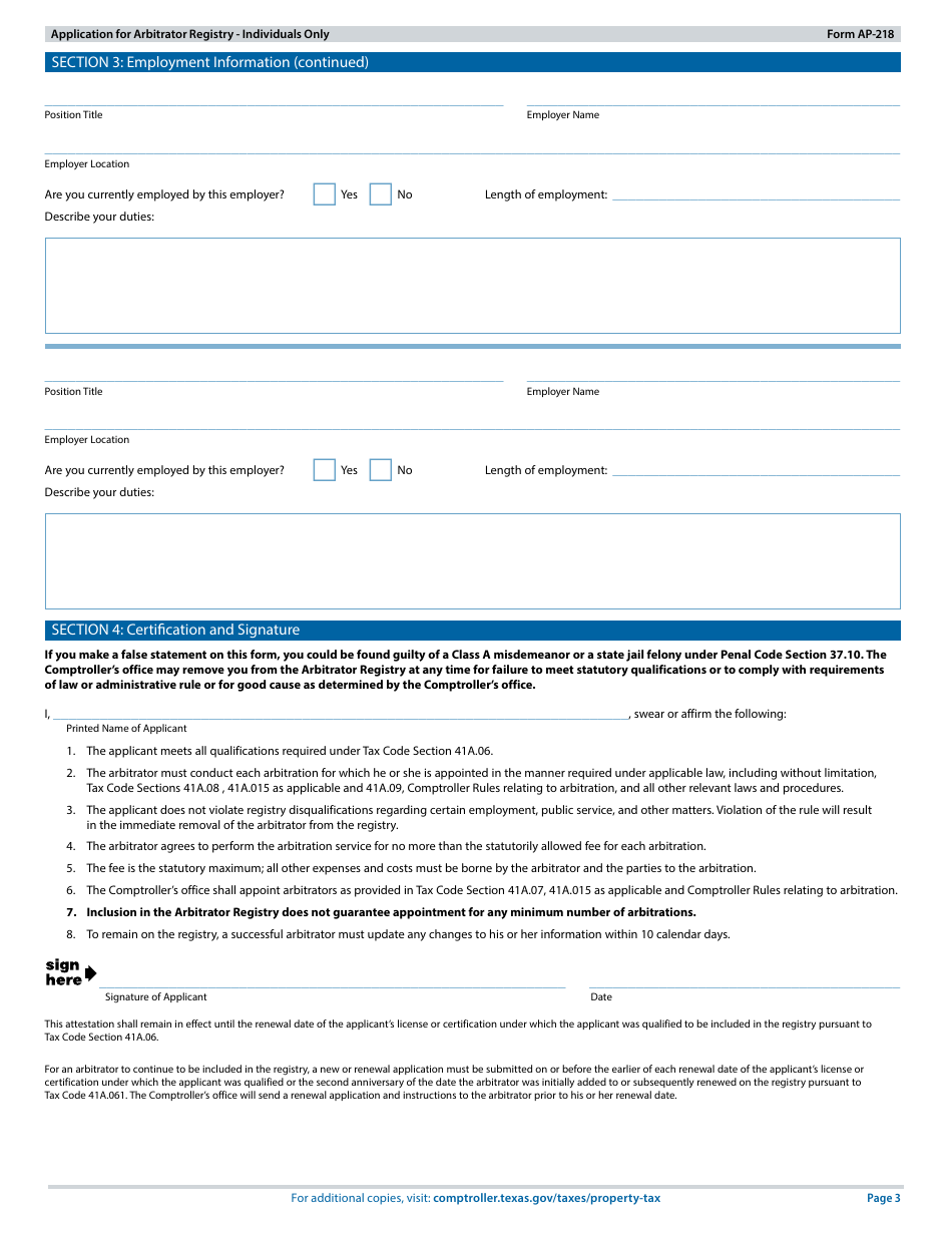 Form AP-218 Application for Arbitrator Registry - Individuals Only - Texas, Page 3
