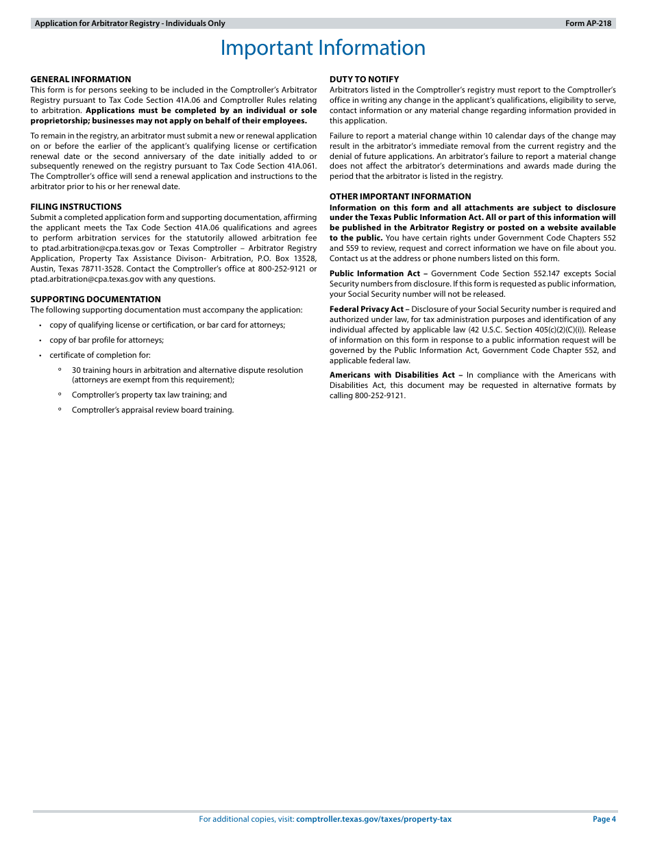 Form AP-218 Application for Arbitrator Registry - Individuals Only - Texas, Page 4