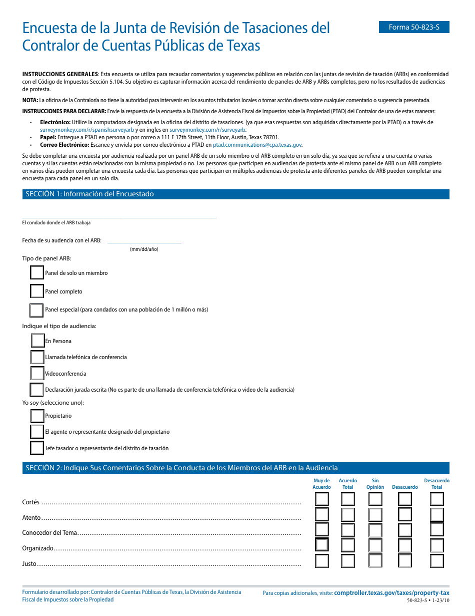 Formulario 50-823-S Encuesta De La Junta De Revision De Tasaciones Del Contralor De Cuentas Publicas De Texas - Texas (Spanish), Page 1