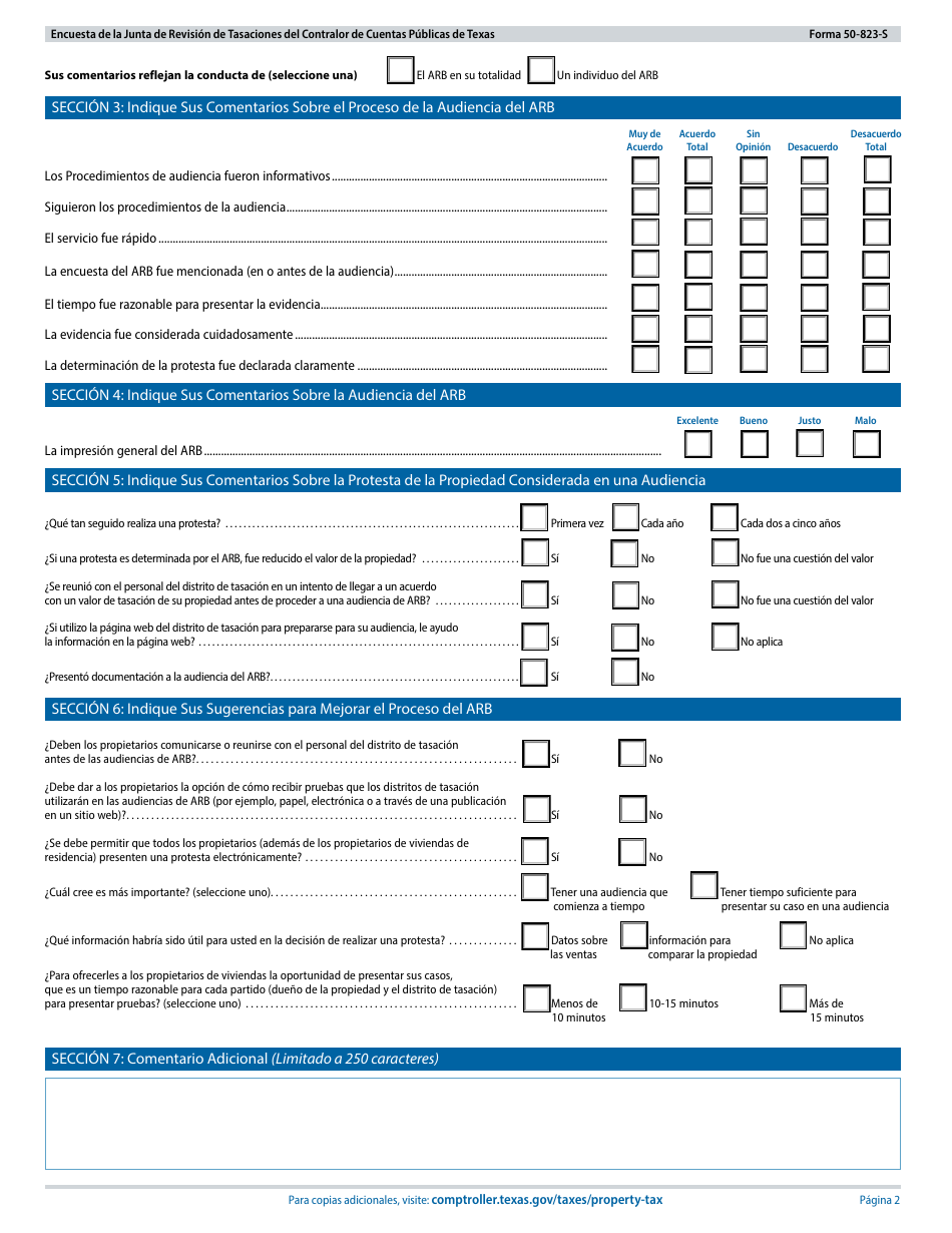 Formulario 50-823-S Encuesta De La Junta De Revision De Tasaciones Del Contralor De Cuentas Publicas De Texas - Texas (Spanish), Page 2