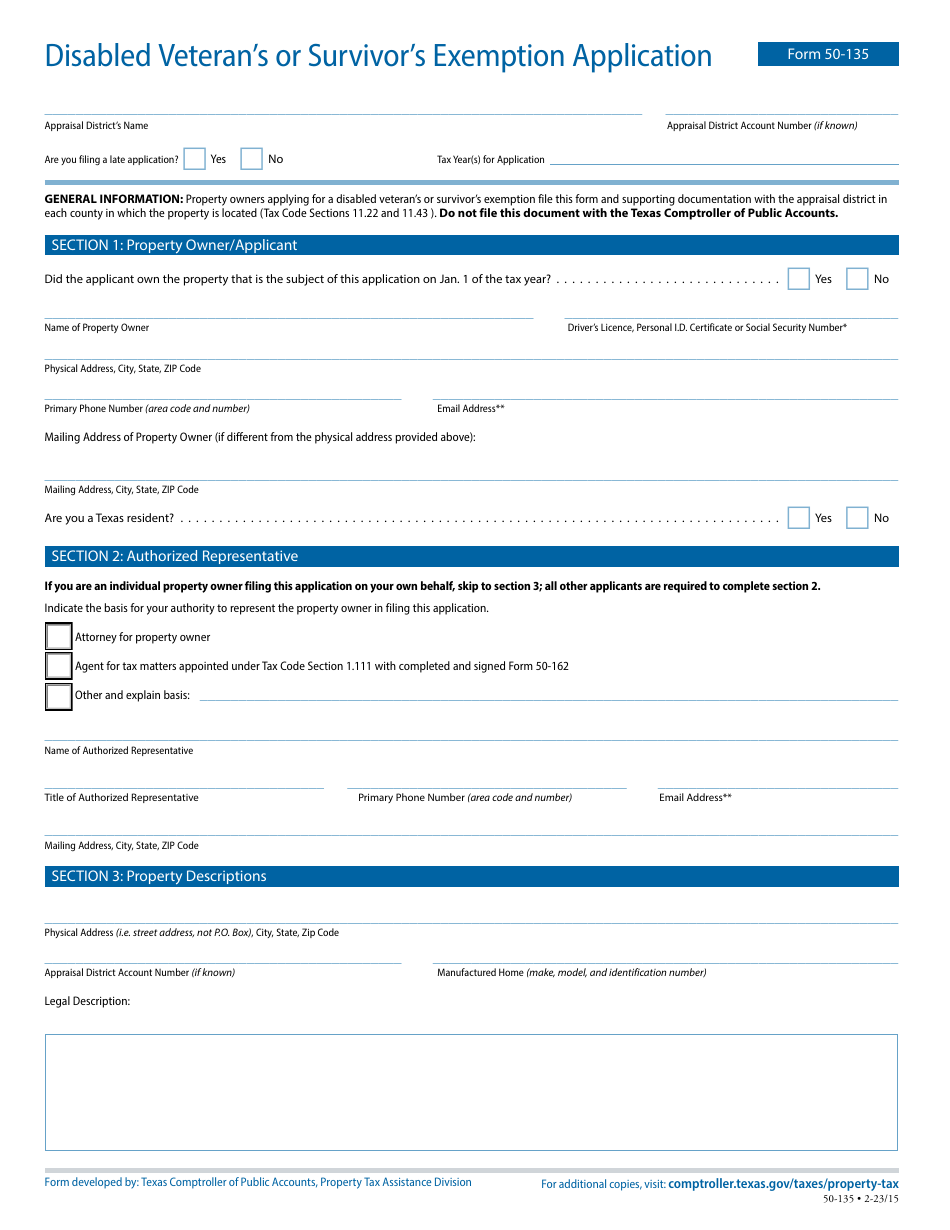 Form 50-135 Disabled Veterans or Survivors Exemption Application - Texas, Page 1