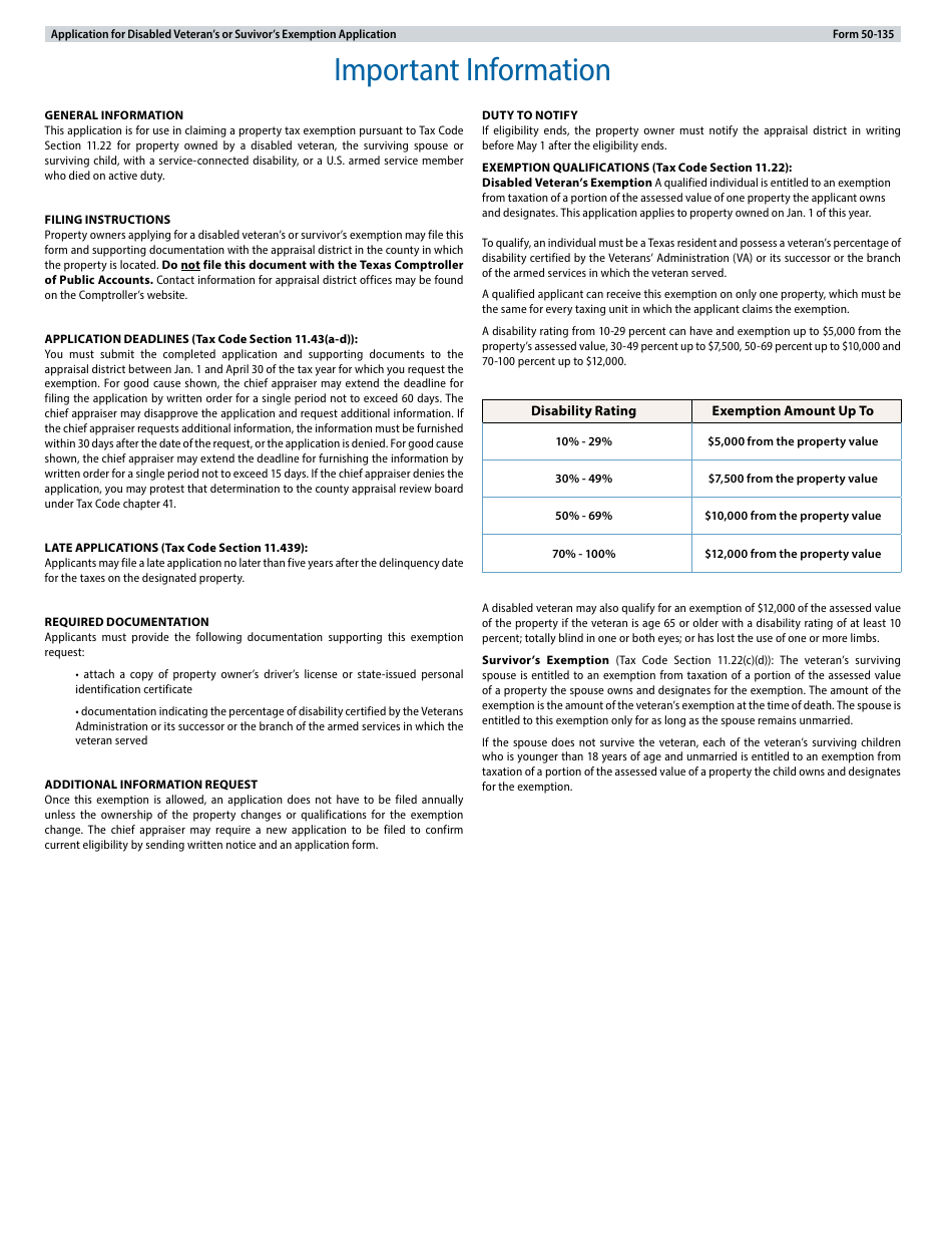 Form 50-135 Disabled Veterans or Survivors Exemption Application - Texas, Page 3