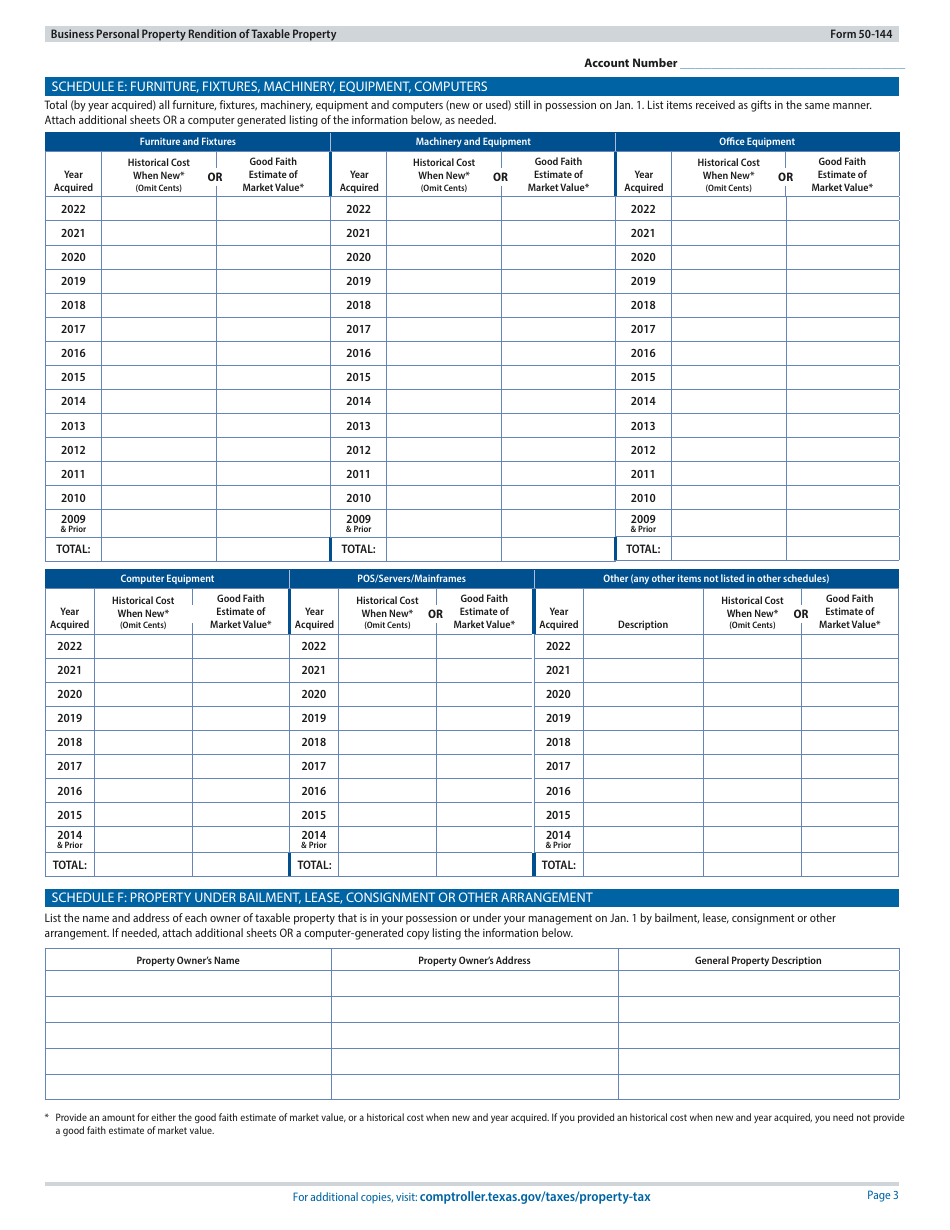 Form 50-144 Business Personal Property Rendition of Taxable Property - Texas, Page 3