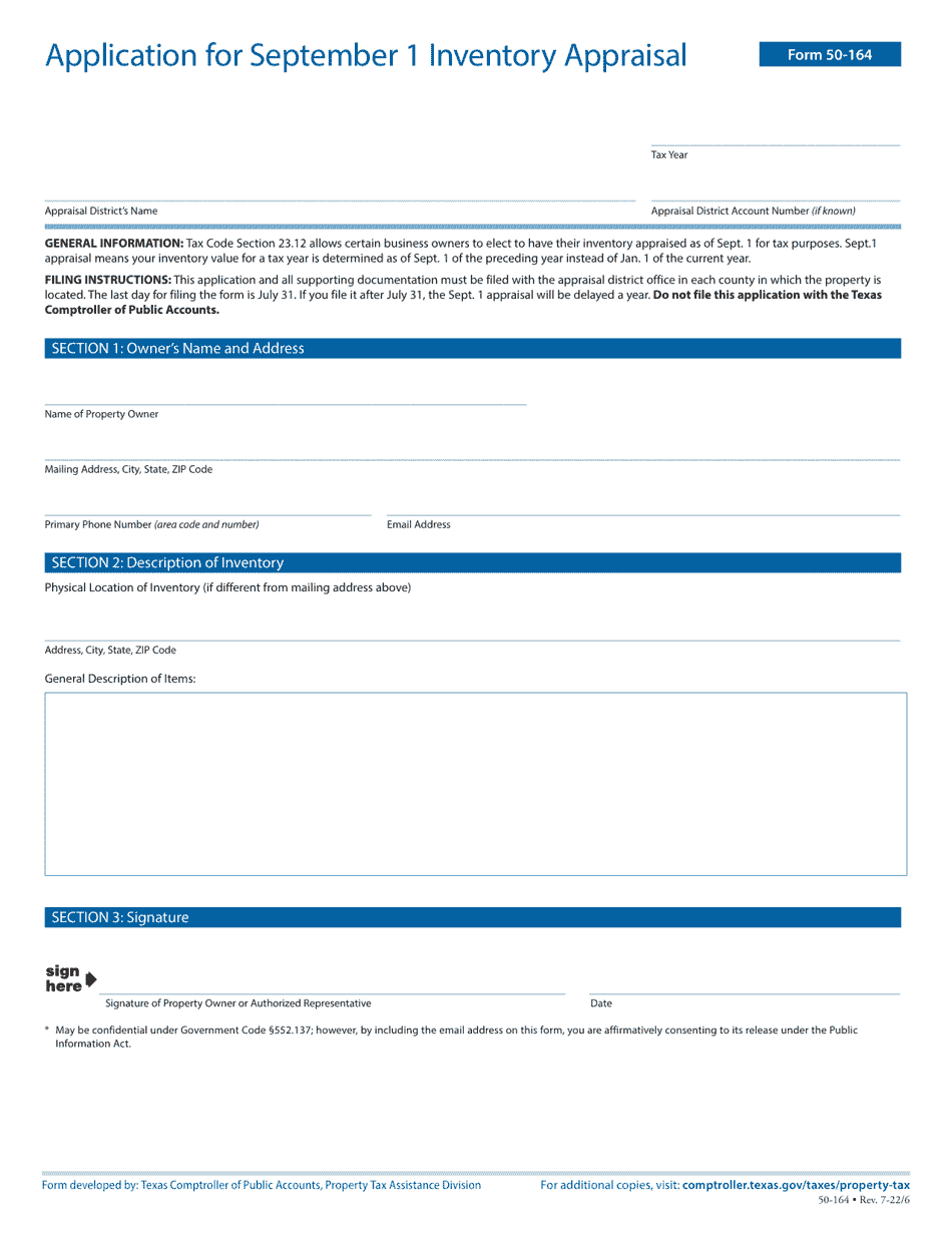 Form 50-164 Application for September 1 Inventory Appraisal - Texas, Page 1