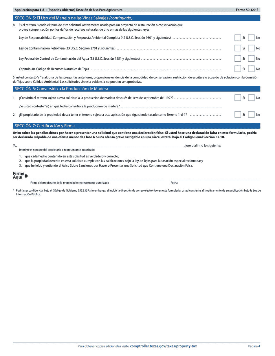 Formulario 50-129-S Applicacion Para 1-d-1 (Espacios-Abiertos) Tasacion De Uso Para Agricultura - Texas (Spanish), Page 4