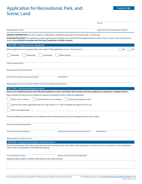 Form 50-168 Application for Recreational, Park, and Scenic Land - Texas