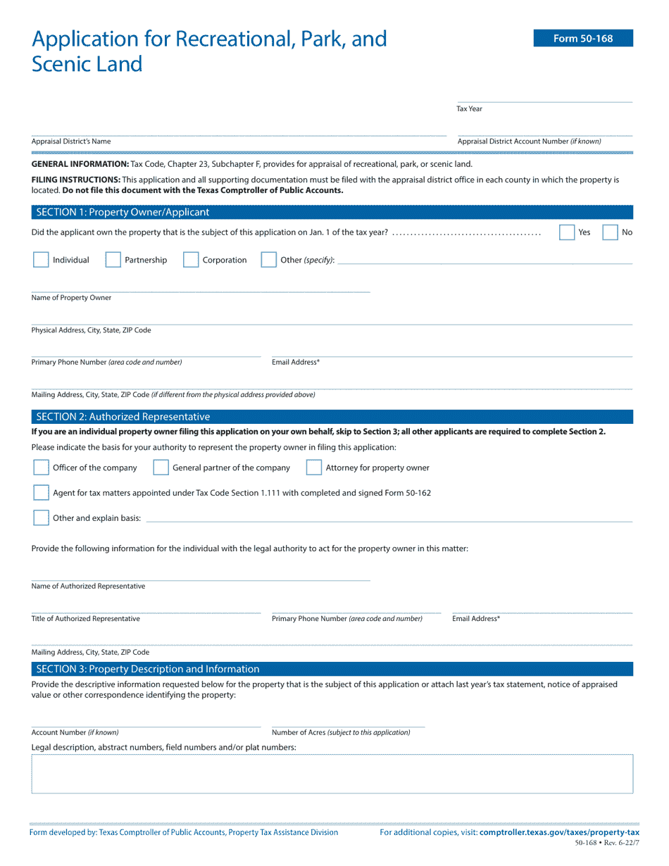 Form 50-168 Application for Recreational, Park, and Scenic Land - Texas, Page 1