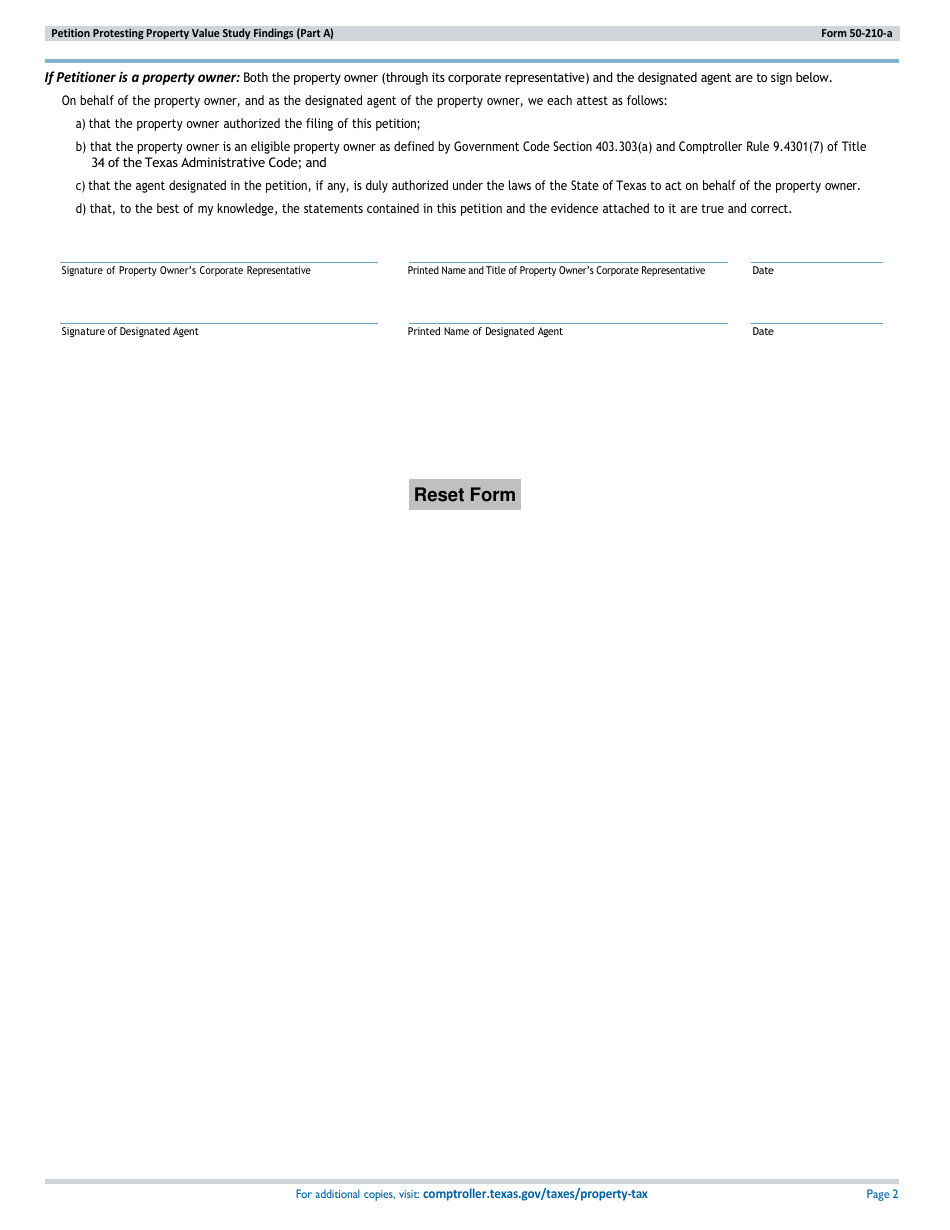 Form 50-210-A Part A Petition Protesting School District Property Value Study Findings - Texas, Page 2