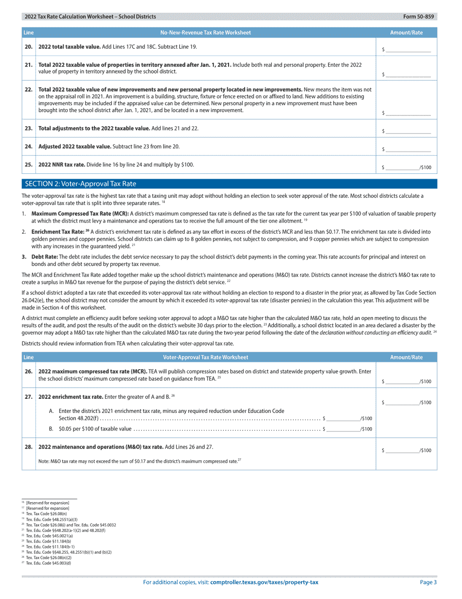 Form 50-859 Tax Rate Calculation Worksheet - School Districts Without Chapter 313 Agreements - Texas, Page 3