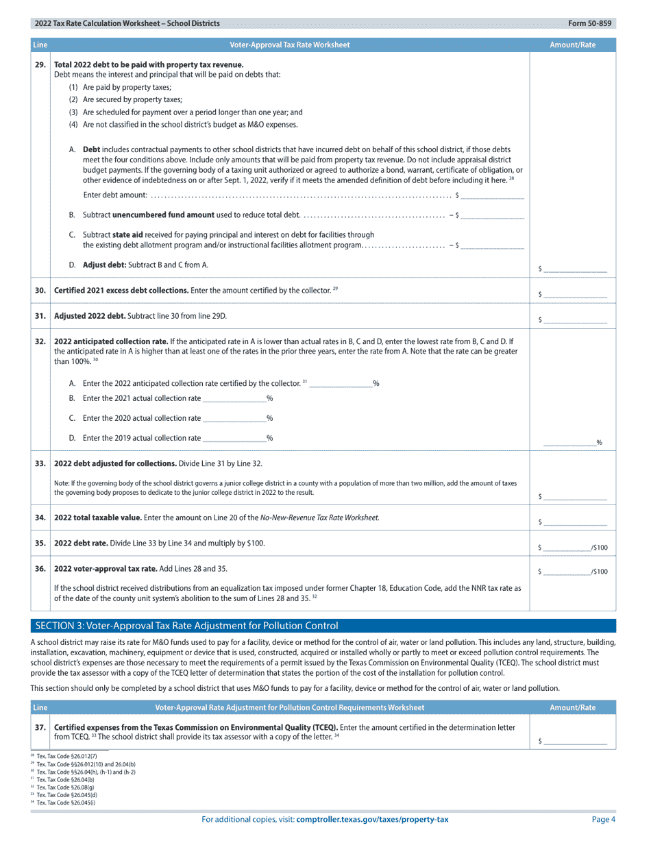 Form 50-859 Tax Rate Calculation Worksheet - School Districts Without Chapter 313 Agreements - Texas, Page 4