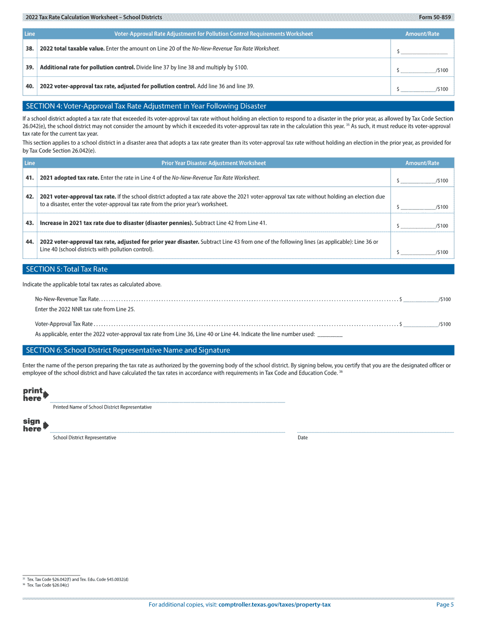 Form 50-859 Tax Rate Calculation Worksheet - School Districts Without Chapter 313 Agreements - Texas, Page 5